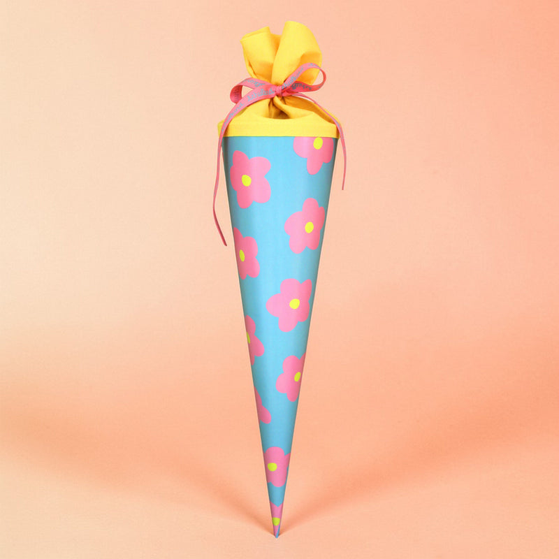 Schultüte mint mit großen Blüten in rosa/gelb 70 cm