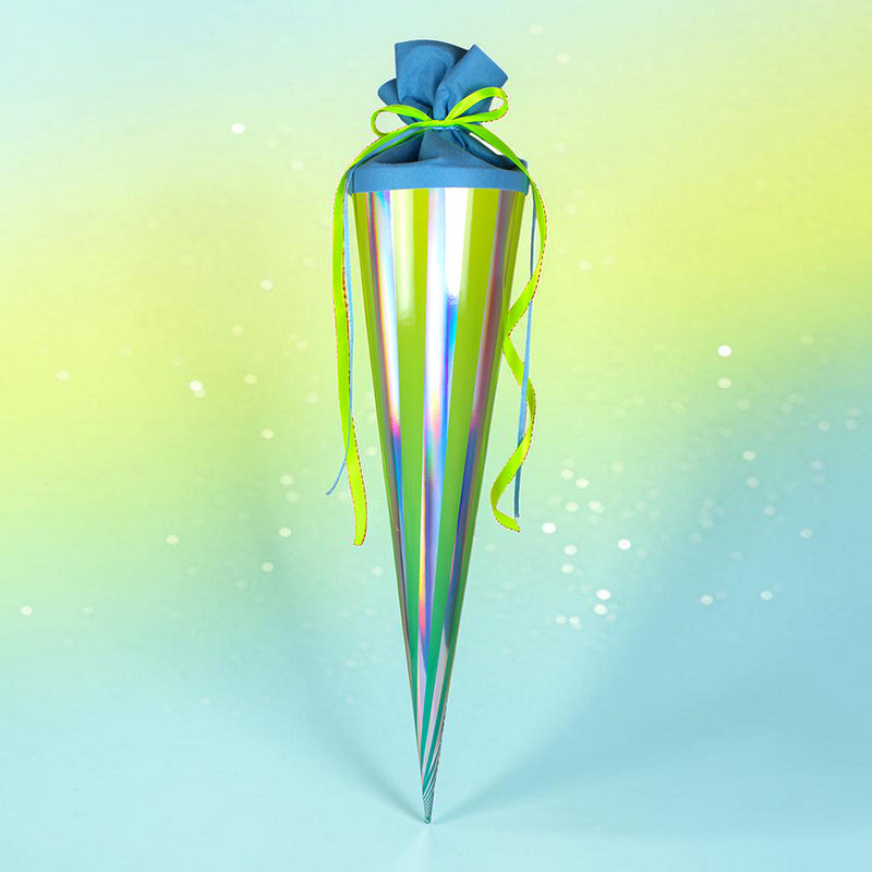 Schultüte Stripes türkis/gelb mit Holofolie silber und Filzverschluss in Blau, 70cm
